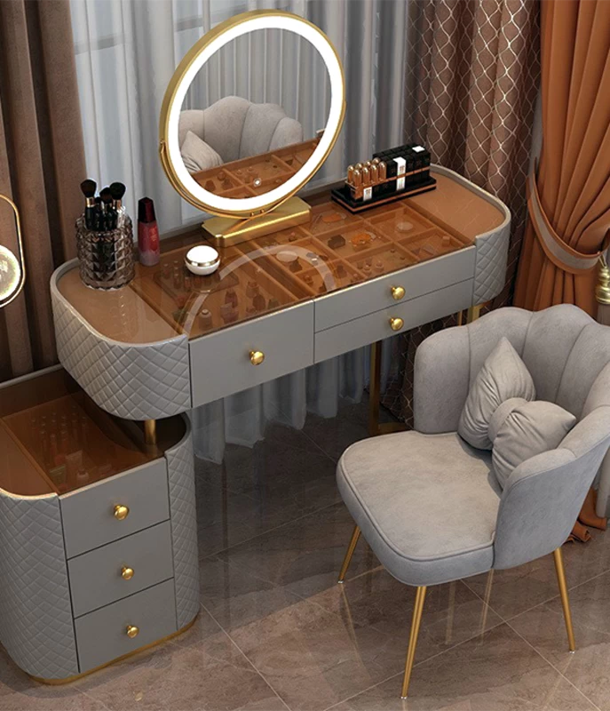Bàn Trang Điểm Mặt Kính Sang Trọng Và Gương Led Thanh Lịch Màu Xám | Nội Thất Kaga Thương Hiệu Nội Thất Hiện Đại