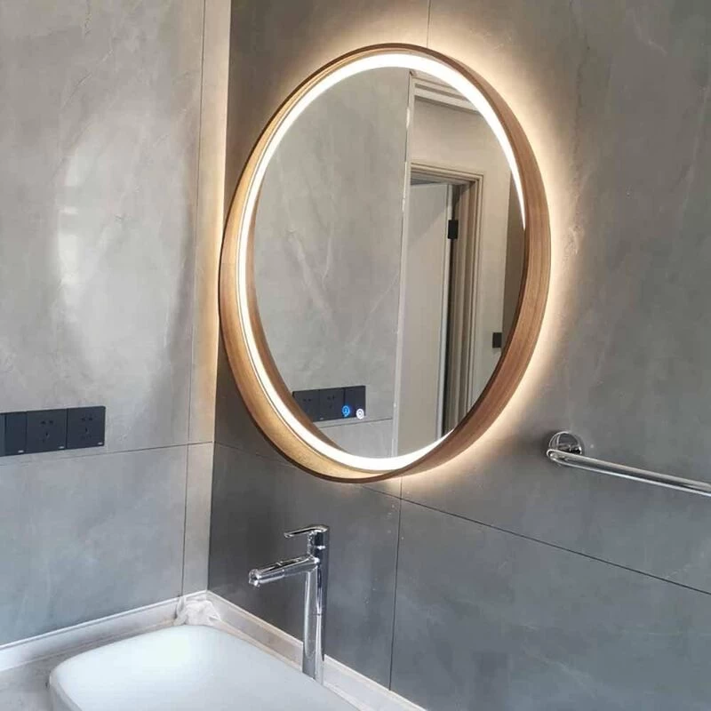 Tủ Gương Phòng Tắm Treo Tường Có Đèn Led Hình Tròn Màu Nâu Nhạt | Nội Thất Kaga Thương Hiệu Nội Thất Hiện Đại