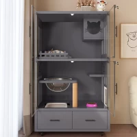 Nhà/ Villa Cho Thú Cưng Bằng Gỗ Có Ngăn Tủ Lưu Trữ Màu Xám