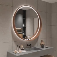 Tủ Gương Phòng Tắm Treo Tường Có Đèn Led Hình Tròn Màu Nâu Đậm